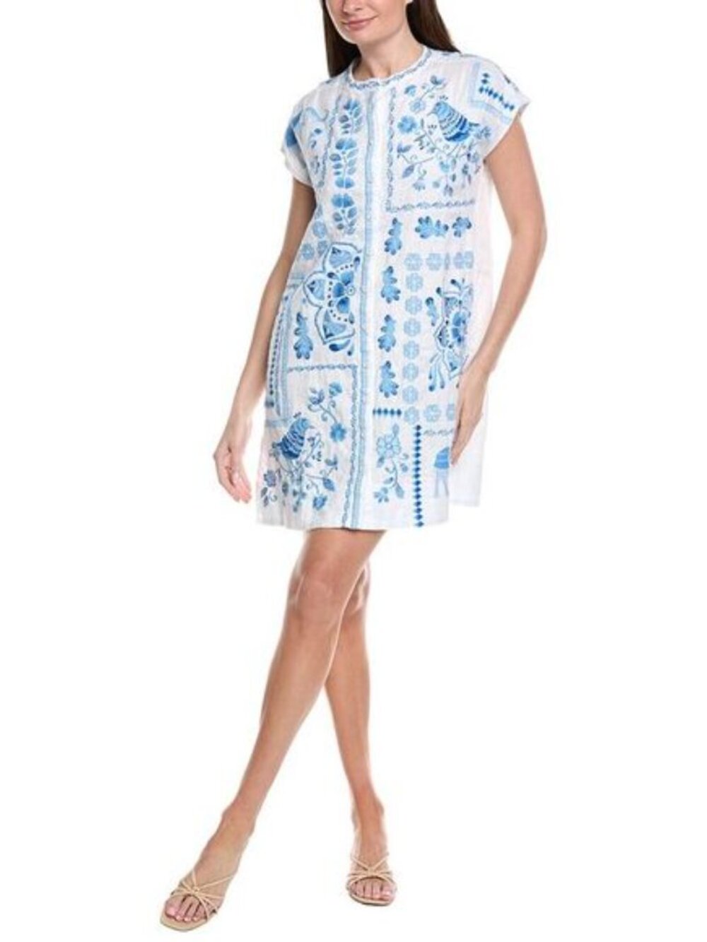Johnny Was White Shift Dress with Blue Floral Embroidery